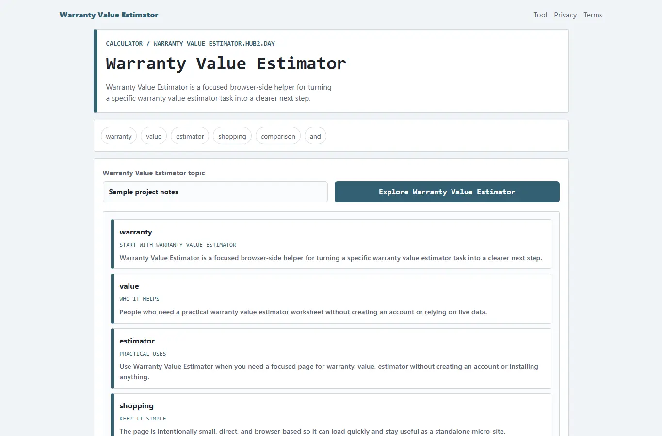 Screenshot of Warranty Value Estimator interface showing the project page in use